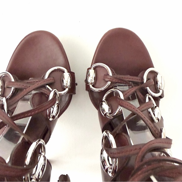 GUCCI || Brown Leather Bamboo Tassel Silver Ring Horsebit Platform Heels 6.5 - Picture 7 of 13